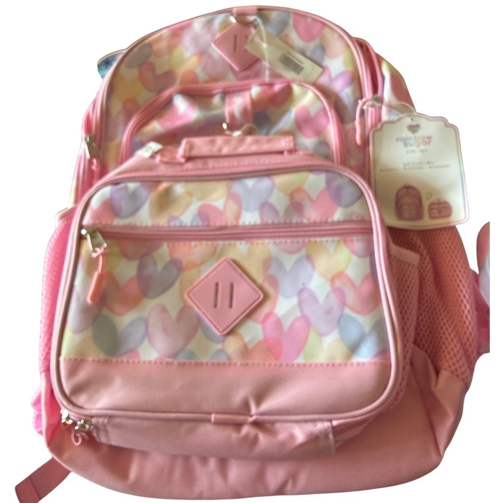 Rainbow Sugar 3 Piece Backpack Lunch Bag‎ Carabiner Set Pink Hearts Girls